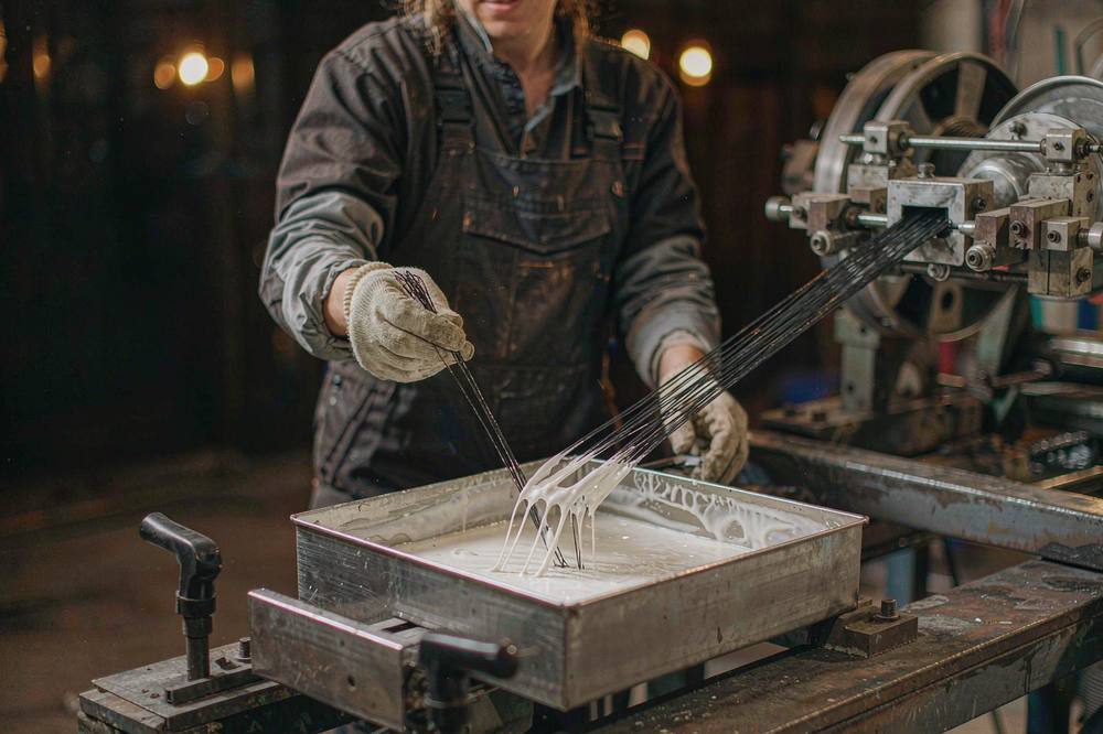 operator in protective clothing guiding carbon fibre tow through a resin bath on a filament winding machine