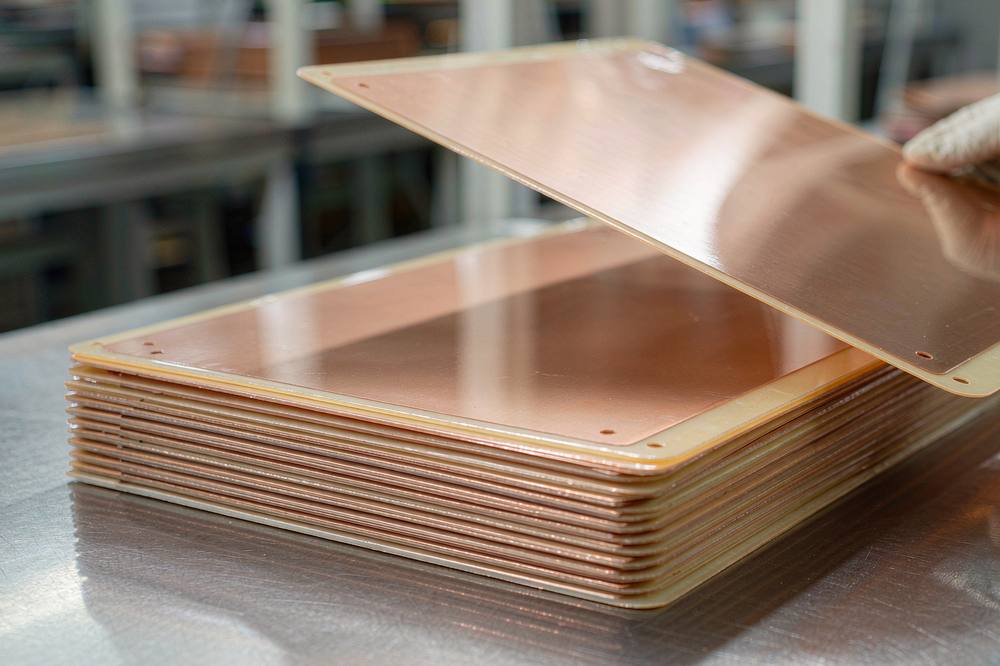 stack of copper clad laminate panels on a stainless steel table with one panel lifted by a gloved hand